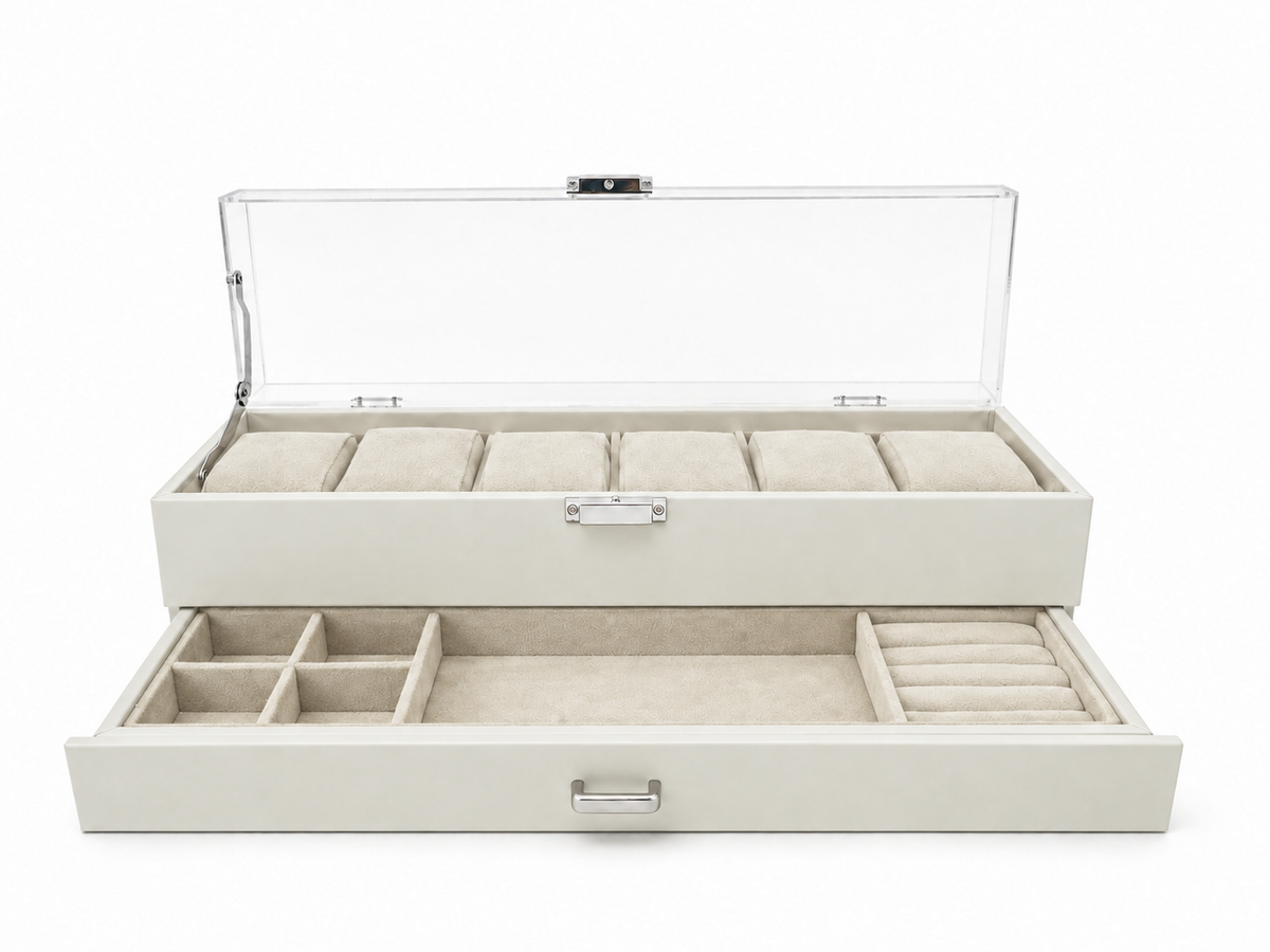 Coffret vitrine Signature blanc pour 6 montres ouvert