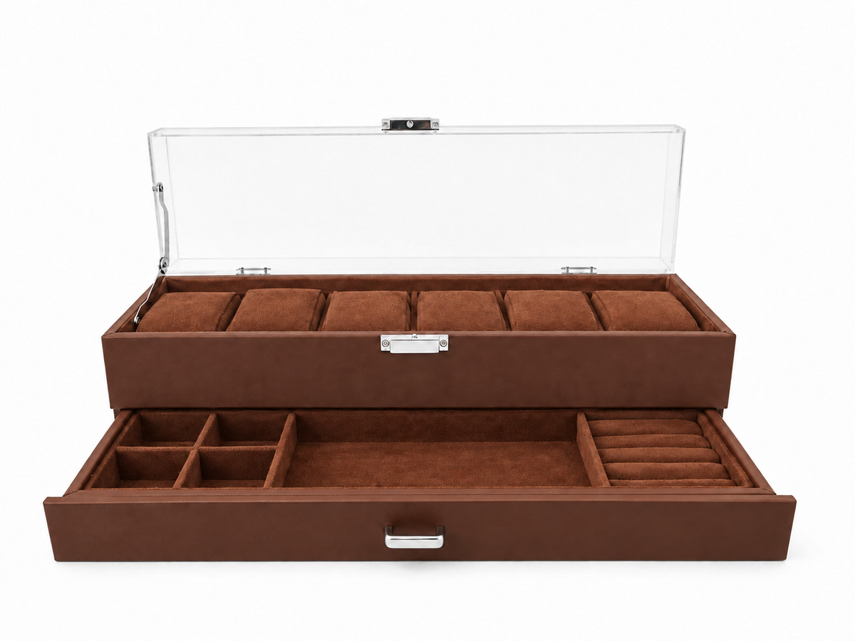 Coffret vitrine Signature marron pour 6 montres ouvert