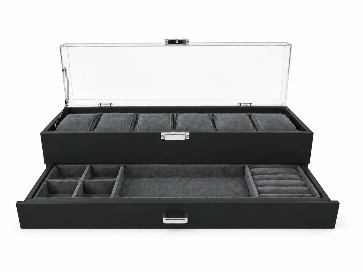 Coffret vitrine Signature gris pour 6 montres ouvert