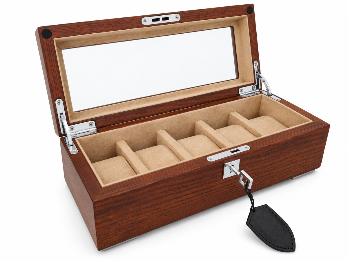 Coffret vitrine Signature en bois massif pour 5 montres ouvert