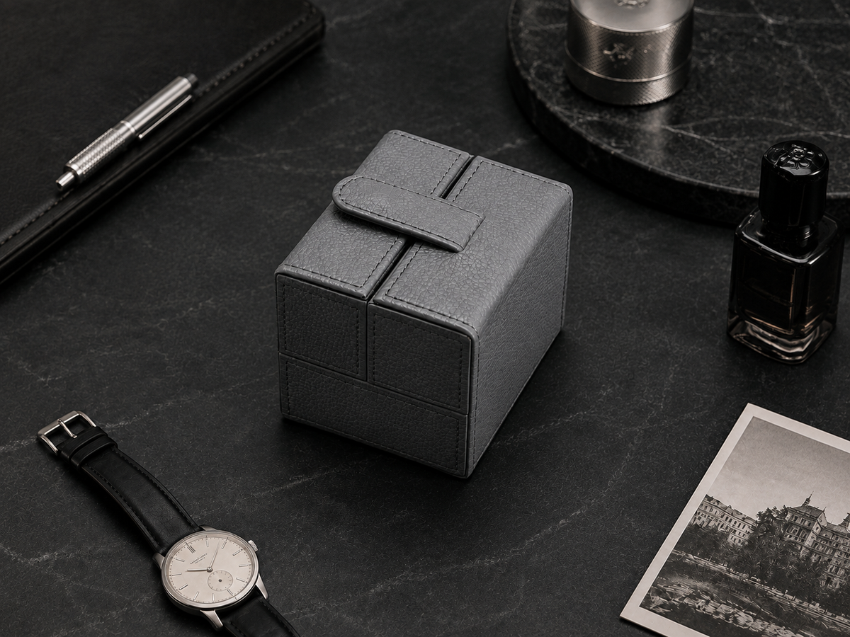 Étui Nomade Signature en cuir gris pour 1 montre dans un décor raffiné