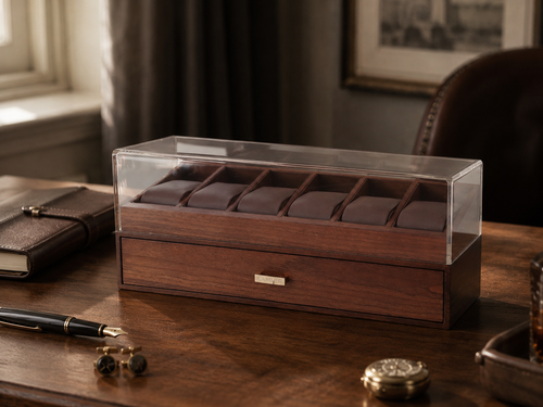 Coffret vitrine en bois Patrimoine pour 6 montres dans un décor de bureau élégant